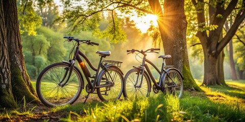 Fototapeta premium Electric Bikes, Woodland Trail, Rural Cycling Adventure, Eco-Friendly Transportation, Sustainable Travel