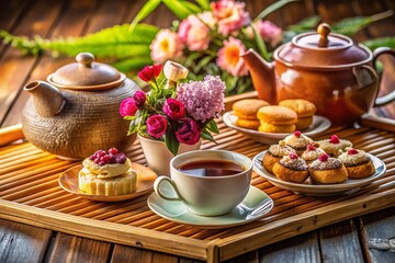 Fototapeta premium Elegant Afternoon Tea Set on Bamboo Tray - Stock Photo
