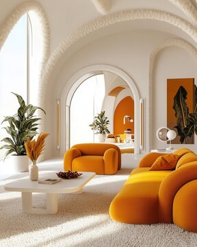 Retro-futuristic interior with bold 1970s aesthetics