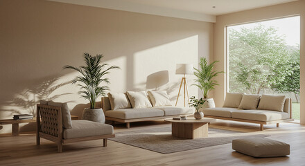 Fototapeta premium Modern Minimalist Living Room Interior Design with Natural Light and Wooden Furniture
