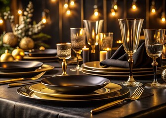 Elegant Black & Gold Dinner Table Setting with Copy Space - Luxury Place Setting