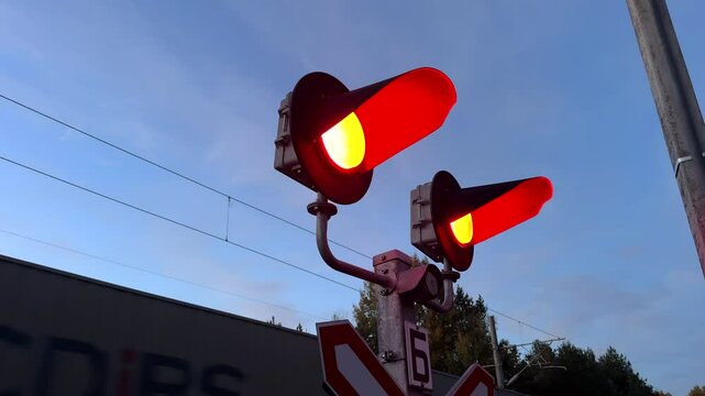 Traffic light at railway crossing. Red traffic light signal at railway crossing during movement of freight train with sea containers. Traffic Light On The Railroad Crossing. Railroad Crossing Lights.