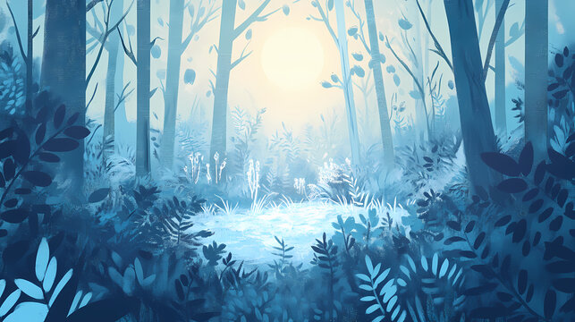 A dense thicket of brambles and ferns surrounds a hidden clearing in a mystical forest landscape, wetleafs, forestland. thicket. illustration. Frostglint. Illustration