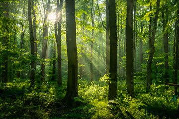 Fototapeta premium looking up in the green forest towards sunlight in spring. High quality photo
