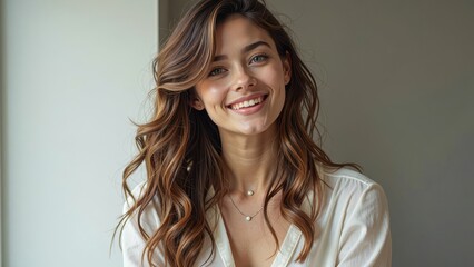 Fototapeta premium A radiant young woman beams with warmth, her wavy brown locks cascading down as she gazes directly into the lens with a subtle, enigmatic smile, a delicate pearl necklace framing her slender neck