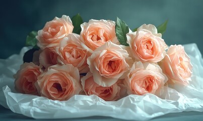 Obraz premium Pastel Pink Roses Bouquet in White Paper Wrap Minimalistic Still Life Photography