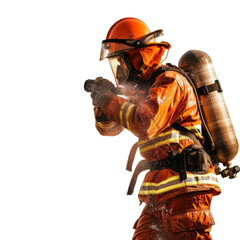 Firefighter in full gear with protective helmet and oxygen tank, ready to battle a blaze with courage and determination.