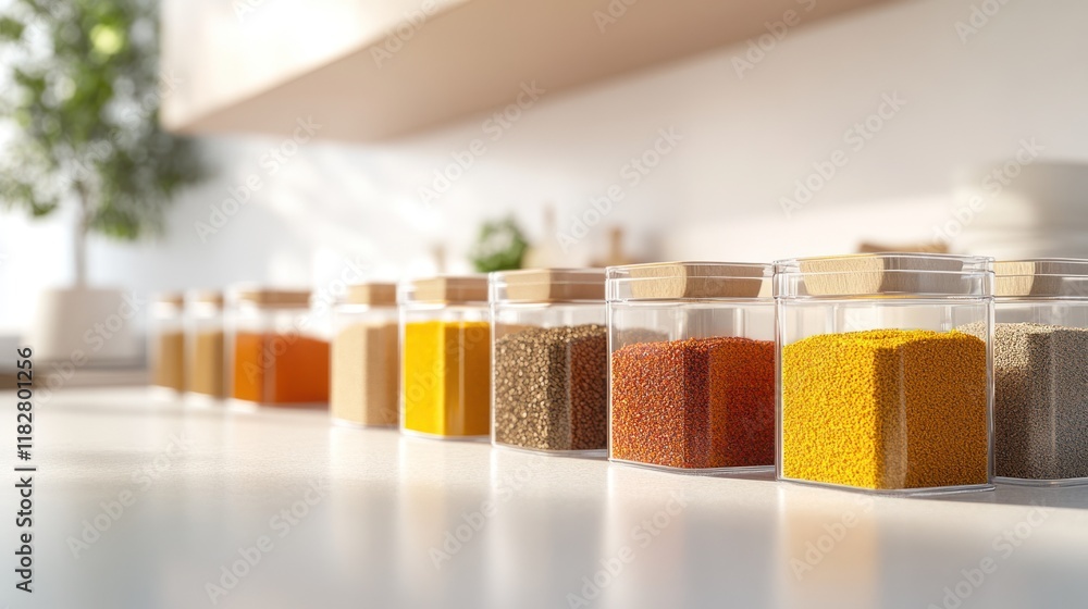 Poster colorful array of spices in jars displayed on a kitchen counter with natural light. generative ai