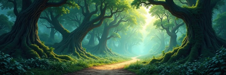 Fototapeta premium Enchanted Forest Path Leading to a Mystical Light Through the Lush Green Trees