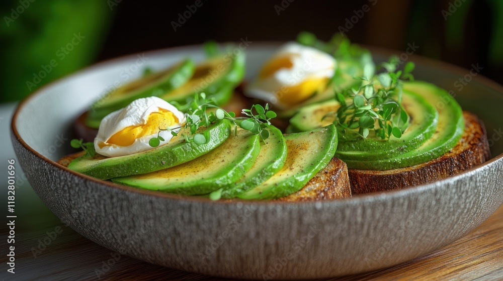 Poster Delicious avocado toast with poached eggs and microgreens served in a rustic bowl. Generative AI
