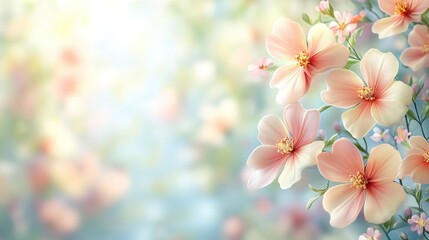 Delicate pink flowers bloom softly in a vibrant garden during springtime in the early morning light. Generative AI