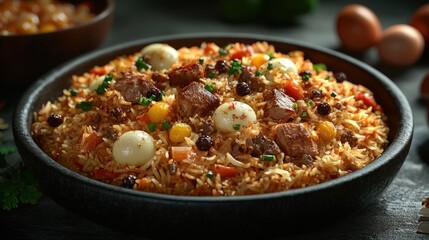 Fototapeta premium Delicious spicy rice with meat and vegetables served in a dark bowl at a cozy dining setting. Generative AI