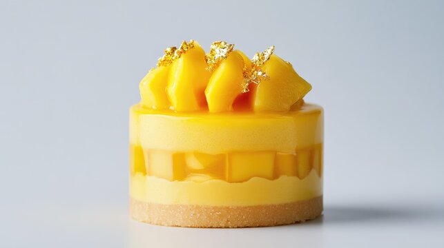 A mango mousse cake topped with fresh mango slices and edible gold flakes.