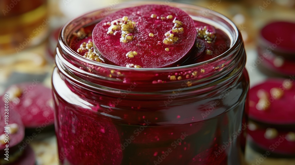 Poster colorful jar of pickled beets with spices displayed on a rustic wooden table in a kitchen setting. g