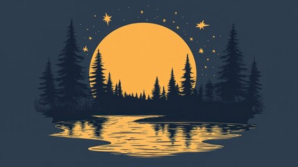Silhouetted forest riverside night moon