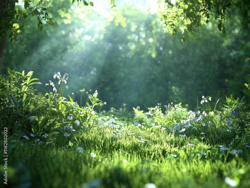 Poster sunlight filters through trees illuminating a lush green landscape with blooming flowers in spring. 