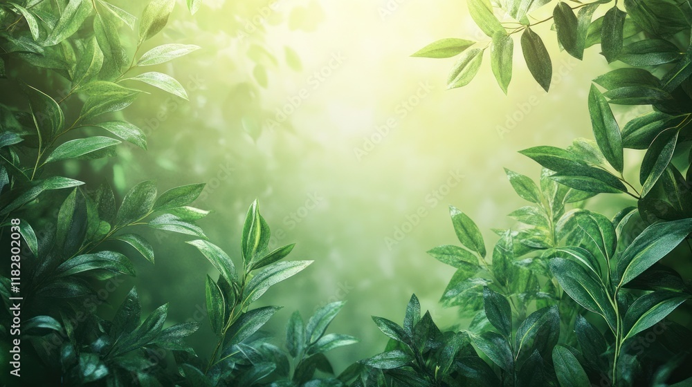 Poster lush green leaves frame a tranquil forest backdrop illuminated by soft golden light. generative ai