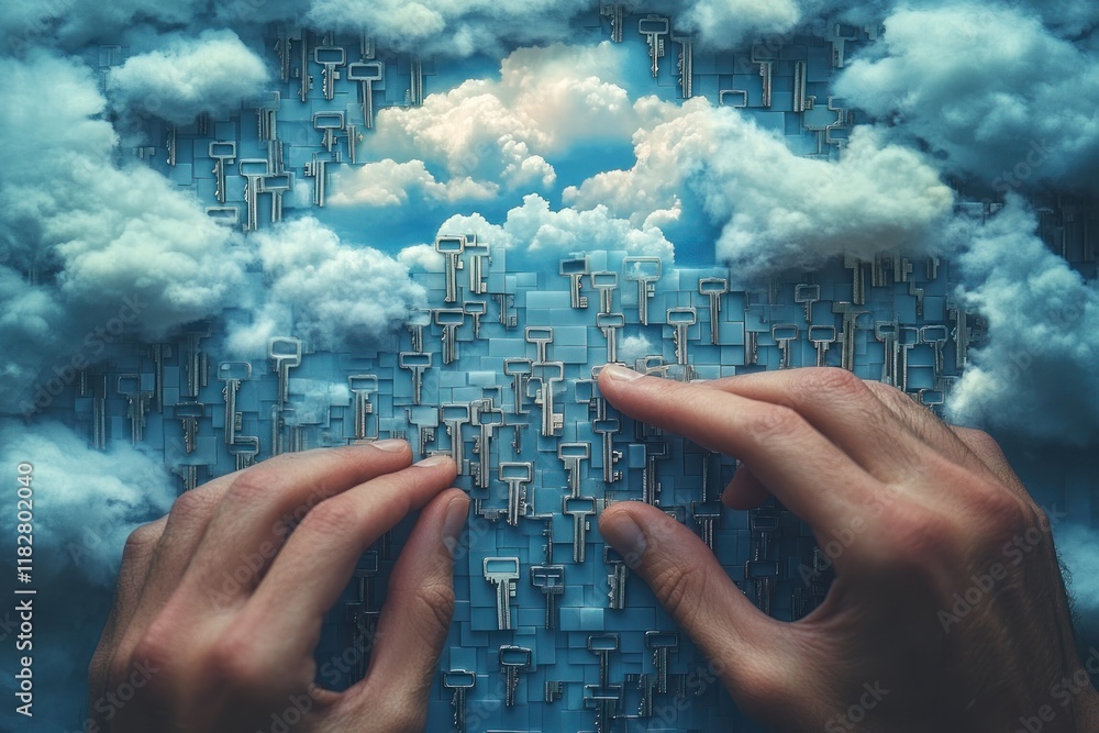 Poster hands reaching for keys among clouds in a surreal sky scene conveying mystery and exploration. gener