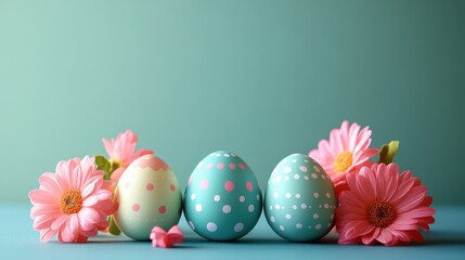 Fototapeta premium Colorful Easter eggs decorated with flowers on a pastel background