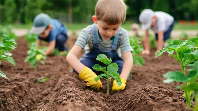 Childrens Teamwork in Gardening Planting Seedlings Outdoors with Gloves, Embracing Nature and Soil for Greener Future