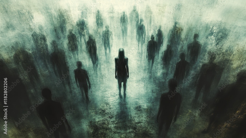 Poster crowd of shadowy figures in a misty environment creating an eerie atmosphere at dusk. generative ai
