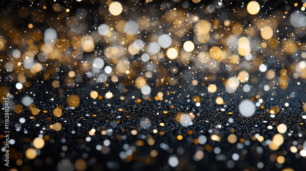 Poster sparkling bokeh background created by shimmering gold and white lights on a dark surface. generative