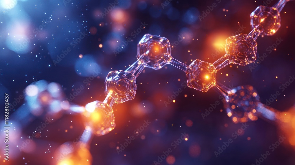 Poster exploring the intricate structure of molecular connections within a vibrant cosmic backdrop. generat