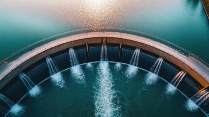 A modern hydroelectric dam with water cascading down into a reservoir.