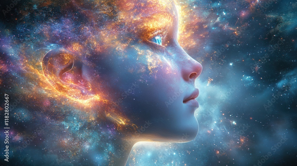 Poster portrait of a surreal being with cosmic elements in the background during a celestial event. generat