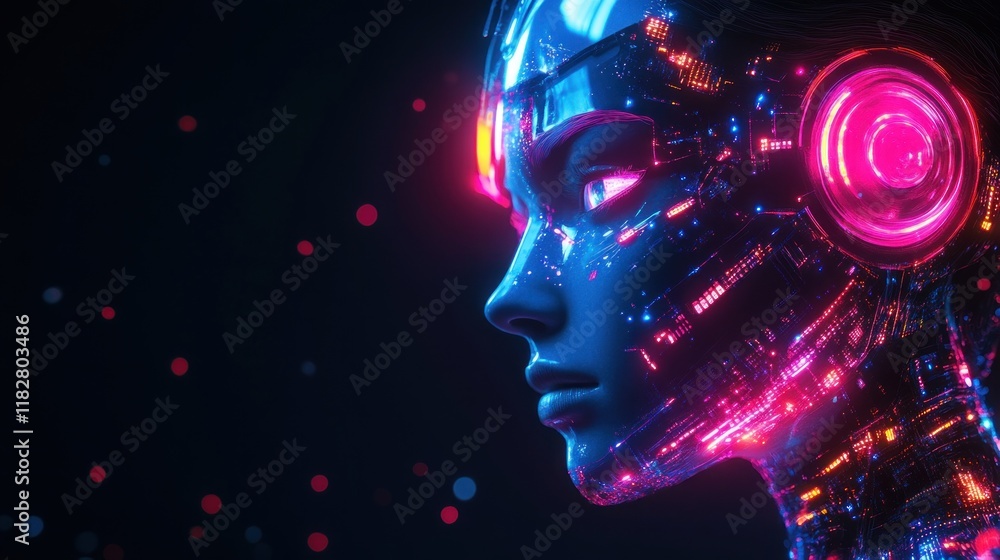 Poster futuristic ai cyborg head in profile with glowing circuitry and abstract digital elements
