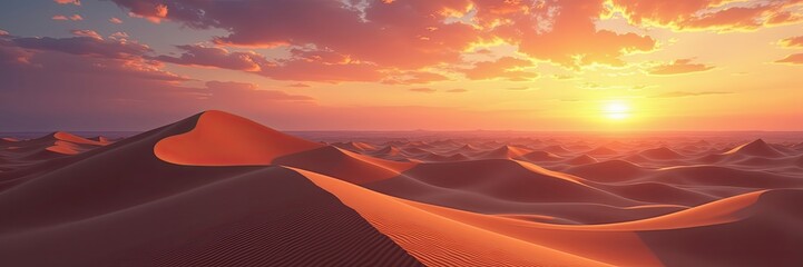Golden hour paints a serene desert landscape as the sun sets over rolling dunes