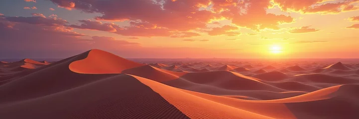 Golden hour paints a serene desert landscape as the sun sets over rolling dunes