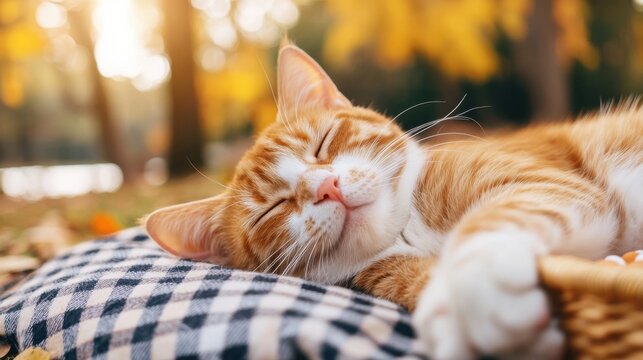A relaxed orange tabby cat peacefully sleeping on a checkered blanket outdoors in autumn, AI
