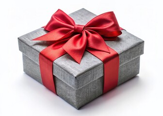 Elegant Gray Gift Box with Red Bow on White Background - Perfect for Holiday or Special Occasion
