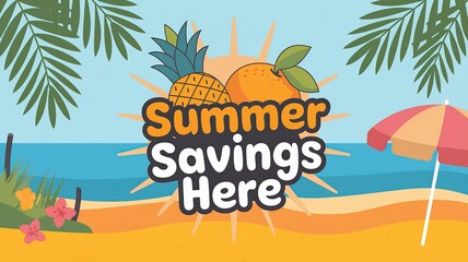 Summer savings here with vibrant tropical elements and beach vibes