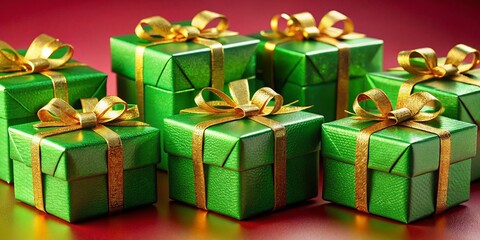 Fototapeta premium Elegant Green Gift Boxes with Gold Bows on Red Background - Festive Holiday Packaging
