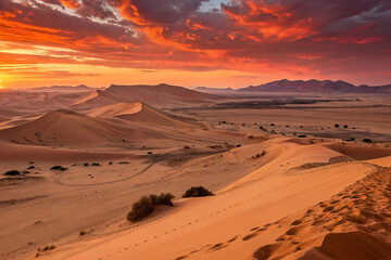 Naklejka premium Dramatic sunset over vast desert dunes and plains.