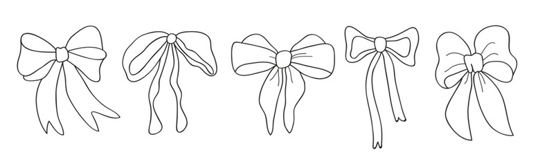 Collection of hand-drawn doodle-style bows, featuring tied festive ribbons in a playful and decorative design.