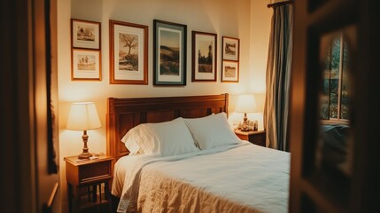 A small apartment bedroom with a bed, bedside lamp, and framed artwork on the wall.