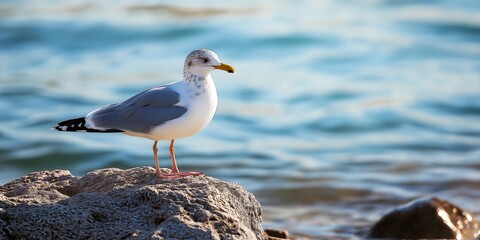 A seagull perched on rocks beside the gentle, shimmering ocean waves.