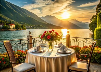 Fototapeta premium Elegant Lakeside Cafe Table Setting, Lake Como, Italy - Stock Photo