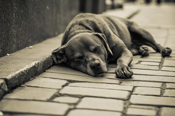 A brown dog sleeping soundly on the cobblestone pavement.