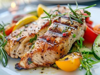 Juicy grilled fish fillet served with vibrant lemon slices, fresh herbs, and a mix of colorful vegetables on a plate, creating a delightful meal