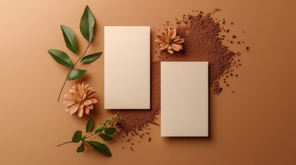 Fototapeta premium Elegant composition of blank cards with flowers and cocoa powder