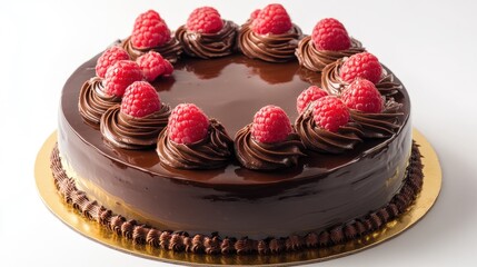 A vegan chocolate cake with fresh raspberries and a glossy ganache finish.