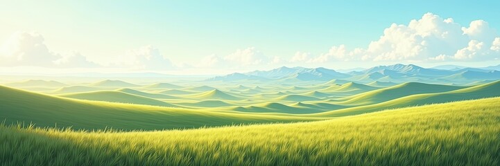 Fototapeta premium Rolling Hills and Distant Mountains under a Pale Blue Sky with Billowing White Clouds