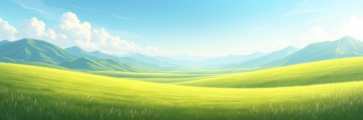 Serene rolling green hills under a bright blue sky with fluffy white clouds
