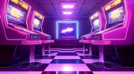 Arcade game machine in a vintage diner, checkerboard floor, neon signs on walls, realistic lighting, lively 1950s American vibe