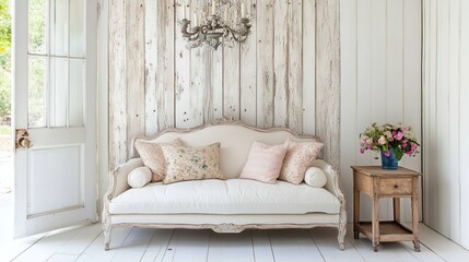 Rustic lounge with vintage chandelier and pastel accents