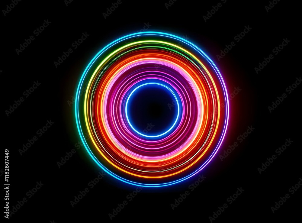 Poster vibrant, concentric neon rings glow in the dark, creating a mesmerizing circular light display. the 